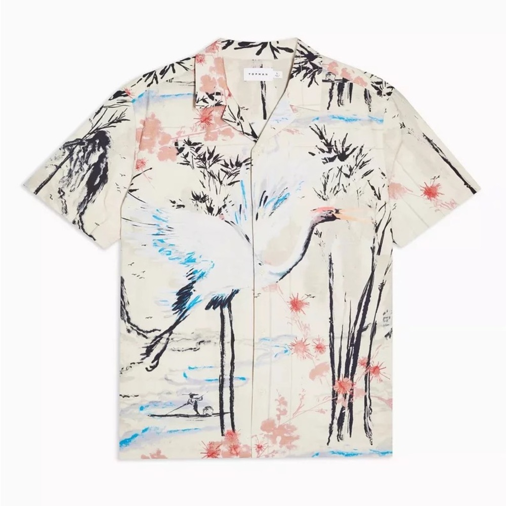 Topman Topshop Men Shirt Linen Bird Print